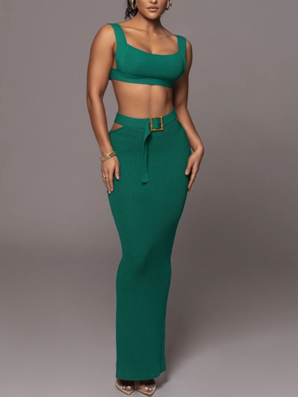 JLuxLabel Green Ribbed High-Waist Maxi Skirt with Belt and Matching Top NWT